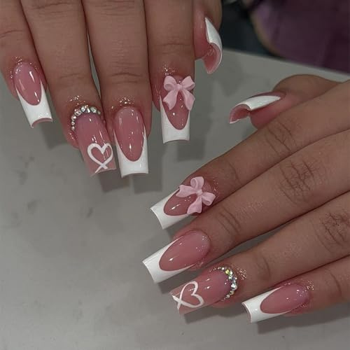 Press on Nails Künstliche Fingernägel, lang, quadratisch, 3D-Schleifen, französische weiße französische Nägel mit Herzmuster, volle Abdeckung, für Mädchen
