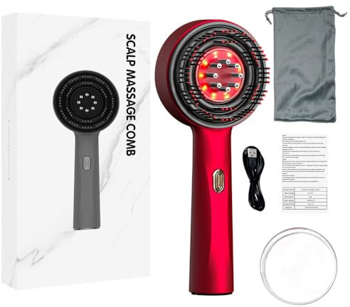 Elektrische Massagekamm-Haarbürsten, Rotlicht-Haarmassagegerät, 2 in 1 Haaröl-Applikator,3 Modi,kopfmassagegerät elektrisch,Ölspender für Haare,360° Knetmassage (red)