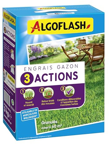 Algoflash Engrais Gazon 3 Actions, Jusqu'à 60m² - 3 Kg, Marron