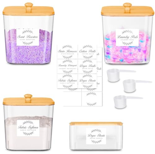 3+1 Recipientes para Cápsulas de Detergente con Tapa de Bambú, 4 Cucharas y 16 Etiquetas, Contenedores Transparentes para Organizar el Lavadero, para Detergente en Polvo, Detergente Líquido