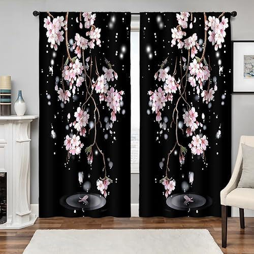 ZZTBQ Modern Floral Scheibengardinen für Kleine Fenster Japan Kirschblüten2er Set H 120 x B 90 cm Kurzvorhang Blickdicht Gardine Japanischen Stil Verdunklungsvorhänge