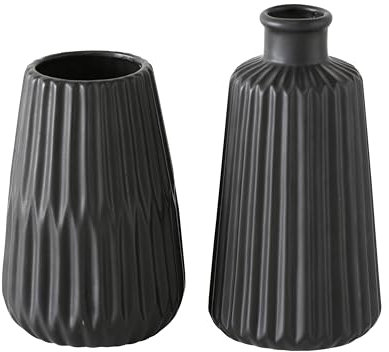 mucHome 2er Set Vasen, Blumenvasen aus Keramik 17 cm, ø ca. 8,5 cm, skandinavisches Design (Schwarz lasiert)