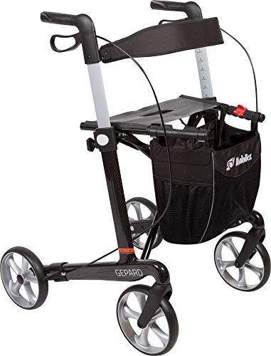 FabaCare Premium Rollator Set Gepard 312402, Kohlefaser Carbon, faltbar, mit Vollausstattung, Tasche, Rückengurt, Stockhalter, Sitz, Carbonrollator bis 150 kg, Sitzhöhe 55 cm