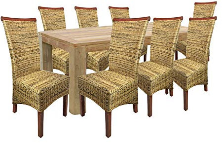 Mojawo XXL 9-teilige Luxus Massivholz Esszimmer Garnitur Teak Esstisch Indoor und Outdoor 220x100x75cm + 8 Rattanstühle 'Corinna'