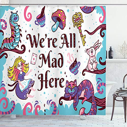ABAKUHAUS Fantasie Duschvorhang, Alice im Wunderland, Stoffliches Gewebe Badezimmerdekorationsset mit Haken, 175 x 200 cm, Blau Lila