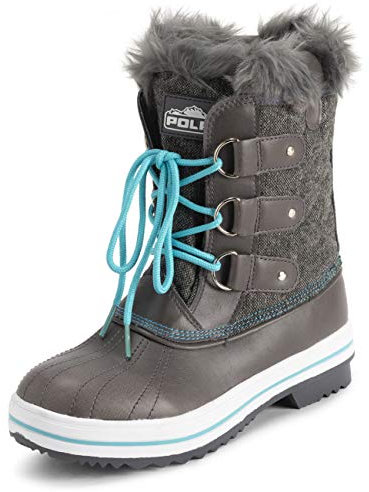 Polar Donna Mid Imbottito Termica Durevole Suola Di Gomma Impermeabile Inverno Neve Pelliccia Ecologica Stivales - Grigio Tessile/Blu - UK6/EU39 - YC0639