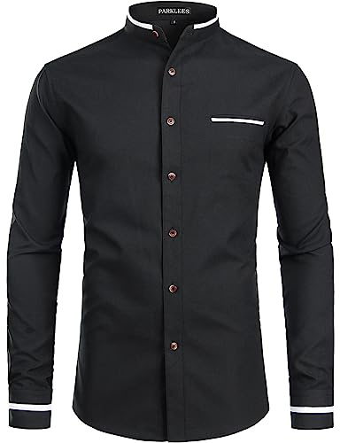 PARKLEES Mens Hipster Design Grandad Collar Oxford Shirt Slim Fit Long Sleeve Casual Button Down Dress Shirts with Pocket Black XXL