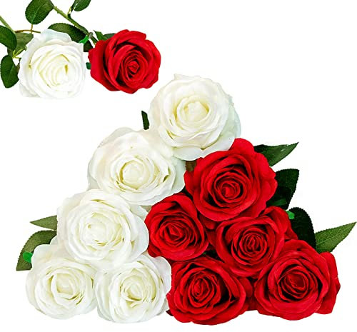 Floralsecret 12 Stück künstliche Seide Rosen Blumenstrauß Faux Flowers Home Hochzeitsfeier Dekor(Weiß, Rot)