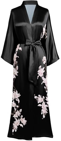 BABEYOND Kimono Robe de Nuit Femme Robe de Chambre Longue Robe de Nuit Floral Kimono Long Chemise de Nuit Kimono(Noir)