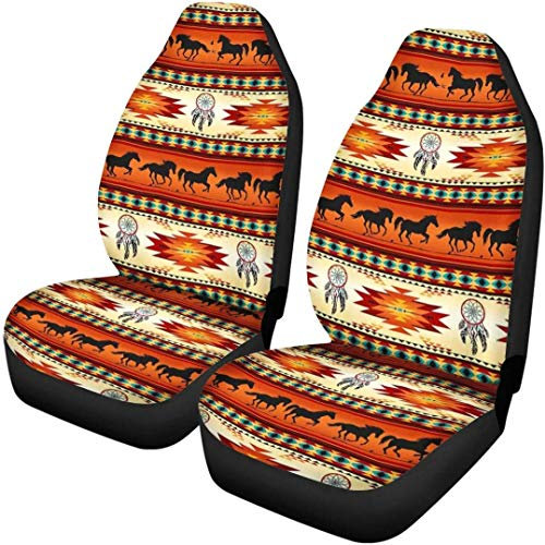 TOADDMOS Southwestern Tribal Horse Aztec Orange Autositzschutz Navajo Traumfänger Decke Vordersitzbezüge Universal passend für Auto, LKW, SUV, Van, 2 Stück