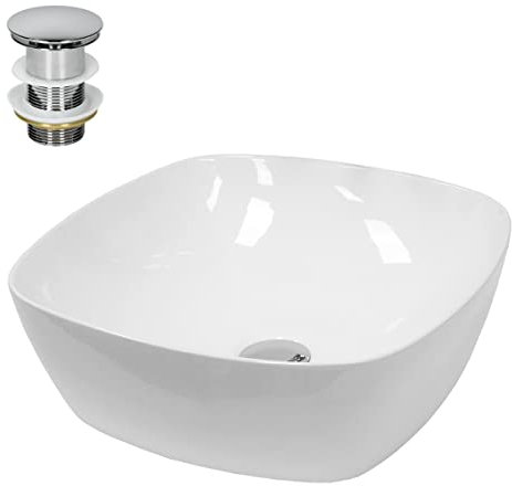 ECD Germany Vasque à Poser Lavabo Salle de Bain - Ø 405 x405 x 140 mm - en Céramique - Ovale - Blanc - avec Kit de Vidange sans Trop-Plein - Lavabo à Poser sur Meuble Salle de Bain - Design Moderne