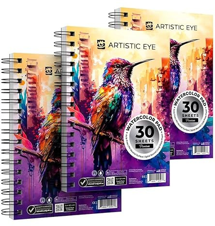 Artisto Aquarellblöcke 14 x 21,6 cm, 3 Stück (90 Blatt), spiralgebunden, säurefreies Papier, 300 g/m², perfekt für die meisten nassen und trockenen Medien, ideal für Anfänger, Künstler und Profis als