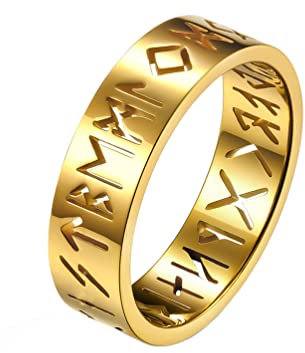 PAMTIER Herren Wikinger Runen Ring aus Edelstahl Ausgehöhlter Ehering Zur Verlobung Gold Größe 62