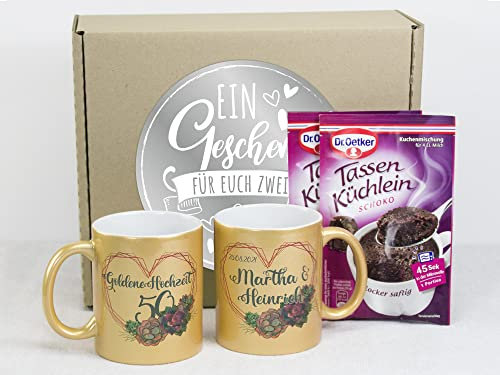 GRAZDesign Hochzeitsgeschenk 50 Jahre | Kaffeetasse Goldene Hochzeit, Geschenk zur Hochzeitstag, Geschenkset mit Herz und Blumen aus Zwei Keramik-Tassen