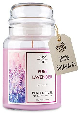 Purple River Große Duftkerze im Glas mit Deckel | Pure Lavender | Duftkerze Lavendel | Kerzen lange Brenndauer | Sojawachskerze | Raumduft für Zuhause