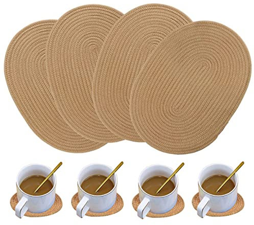 WENFOME Set mit 4 ovalen, gewebten Tischsets und 4 runden Stoffuntersetzern, geflochtene Tischsets aus Baumwolle, hitzebeständige Topflappen, 29,21 x 40,13 cm, waschbare Tischsets, für