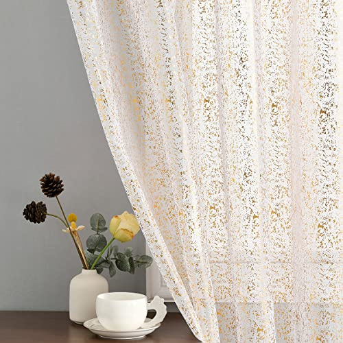 TERLYTEX Durchscheinende Vorhänge, 160 cm Länge, Metallic-Goldfolie, glitzernd, für Schlafzimmer, Privatsphäre, goldfarben, 132 x 160 cm, 2 Schals, Gold/Weiß