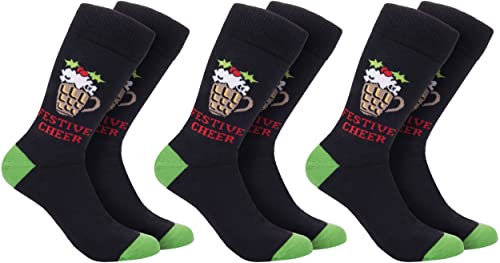 BRUBAKER 3 Paar Herren Weihnachtssocken - Weihnachtsmotiv Festive Cheer - Bunte Kuschelsocken für die Weihnachtszeit - Männer Lustige Crew Socks Geschenk Weihnachten - One Size EU 41-45