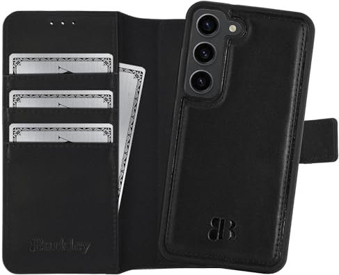 Burkley 2-in-1 Handyhülle kompatibel mit Samsung Galaxy S23 FE - abnehmbares Back Cover, 360° Schutz, Echtleder, Detachable Case (Schwarz)
