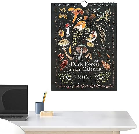 Voihamy Dark Lunar Calendar 2024 | Dunkler Wald Wandkalender | Bunte Waterink Kalender Mit 12 Illustrationen | Schöne Tier Pflanzen Kalender | Wasserdichter Weihnachtskunst Kalender