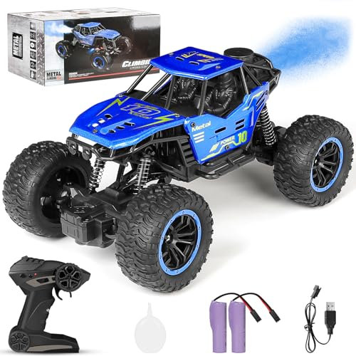 Hilifexll Remote Control Cars, 1:18 Scale All Terrain RC Car, RC Monster Truck Toys with Spray LED Lights & 2 Batteries, 4WD Alloy Climbing Car Toys for 3 4 5 6 7 8 Year Old Boys Girls