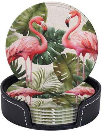 Getränkeuntersetzer Set mit 6 Flamingo-Palmen Blatt Leder Untersetzer Schutz für Tisch Schreibtisch Niedliche Getränkeuntersetzer für Tasse Hitzebeständige Kaffeeuntersetzer für Schreibtisch Küche