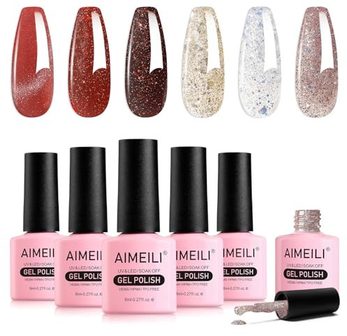 AIMEILI UV Nagellack Rot 8ml 6 Farben Rot Glitzer UV Gel Soak Off Gel Nagellack Dunkelroter Nagellack Valentines Day Gift Set 6-55
