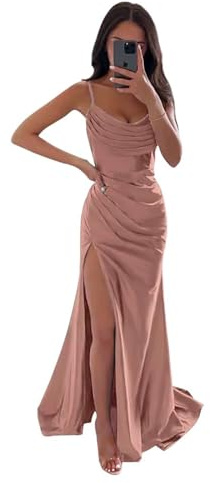 Sincemeet Meerjungfrau Satin Abendkleid mit Schlitz Spaghettiträgern Lange Brautjungfer Satin Wickelkleid Ballkleider