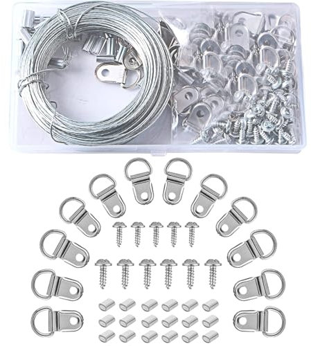 Picture Hanging Wire,30M Picture Wire Picture Hooks Picture Hanging Kit with D Ring Picture Hangers,Crimping Loop Sleeve for Hanging Photo Frames, Mirror, Wall Art