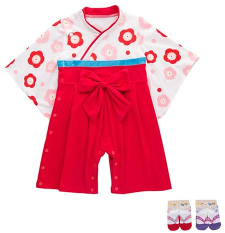 YOOCHUENG Body Neonato Tuta Kimono con Pagliaccetto Manica Lunga Kimono Giapponese per Neonati Cotone per Bambini Salopette per Bambine con 2 Paia di Calzini,Rosso,80(Adatto a 12-18M)