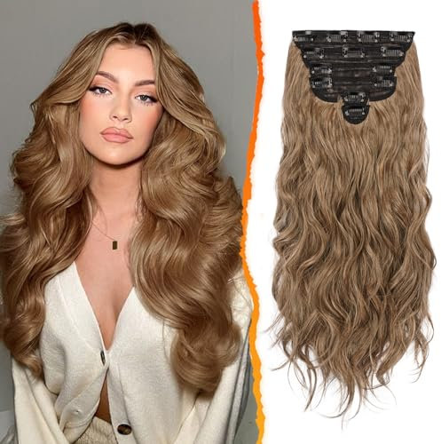 BARSDAR Clip in Haarverlängerung, 50CM Lang Wellig Braun Haarextension Clip in 6PCs Voller Kopf Dickes Synthetisches Extensions Haarteil Für Damen (Aschbraun Gemischt)