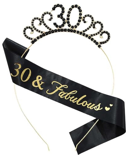 MIOSJI Schärpe und Krone zum 30. Geburtstag, Kristall-Tiara für Frauen, Schwarz / Gold