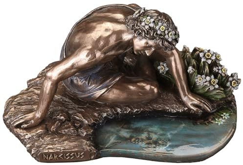 Veronese Design Skulptur Narzisse und seine Reflexion, kaltgegossenes Kunstharz, Bronze-Finish, 16,5 cm