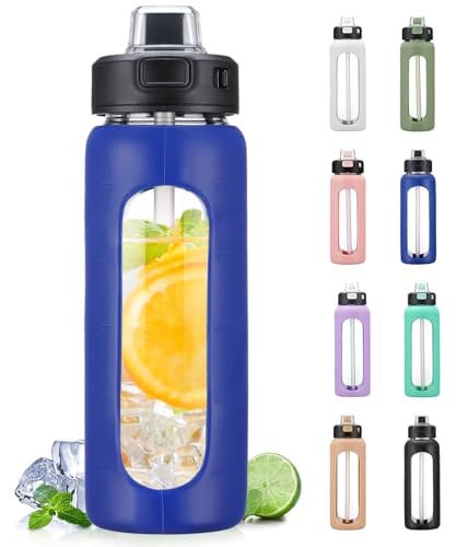 BLUEGO 700ml Glass Water Bottle with Handle and Straw Drinking Hydration Bottle with Silicone Sleeve and Time Marking Motivational Water Bottle for Gym Sports Outdoor Leak-proof,Dark Blue