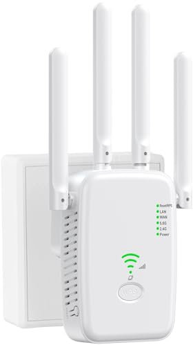 WiFi Extender 1200Mbps WiFi Booster Range Extender Dual Band 5GHz&2.4GHz WiFi Range Extender Support Repeater/Router/AP Mode, WAN/LAN Port, 4 * 5dBi Antennas, UK Plug