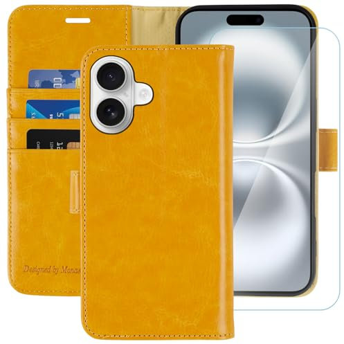 MONASAY for iPhone 16 Plus 5G Wallet Case, 6.7-inch [Glass Screen Protector Included] [RFID Blocking] Flip Folio Leather Cell Phone Cover with Credit Card Holder, Yellow