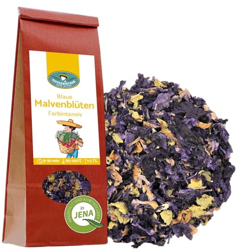 Blaue Malvenblüten für Kräutertee – Tee färbt sich 1-5 Minuten blau – PeppermintMan – Papiertüte (120g)