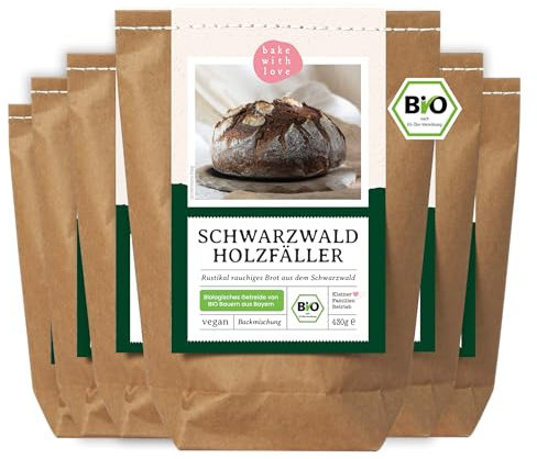 Bio Brotbackmischung Schwarzwald Holzfällerbrot - mit Dinkel, Roggen & Ruchmehl- rustikales Brot mit Holzofen-Aroma - für Brotbackautomat & Ofen - Bake with Love - 6er Pack