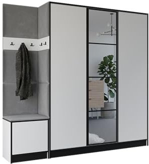 KIER FURNITURE Flurgarderobe Modern - Garderobenschrank mit Sitzbank, Haken und Schuhschrank - Flur Möbel Geräumig und Stilvoll - BxHxT 209,6x205x39cm - Weiß & Grau