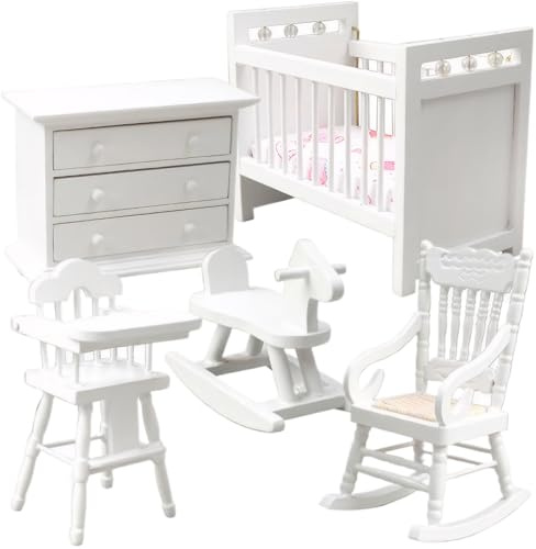 Dollhouse Möbel Set Holzminiaturmöbel 1 12 Skala Beinhaltet Babybett, Schaukelpferd, Stuhl, Schrank Baby Schlafzimmer Puppenhauszubehör, Weiß