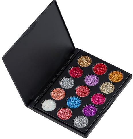 Dewocke 15 Farben Glitzer Lidschatten Palette, Metallic Sequined Eye Shadow, Hochpigmentierter Schimmernde Make-up, Ultra-Glamour für die Augen,Langlebig und Wasserdicht für Party und Bühnen Schminke