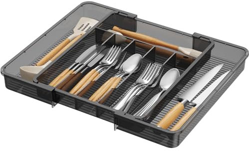 Lifewit Besteckkasten für Schubladen 40 50, Kunststoff Besteckeinsatz (Tiefe 38 cm), erweiterbare Besteckschublade Einsatz, Schubladen Organizer Küche für Besteck/Cutlery/Geschirr, Transparent-schwarz
