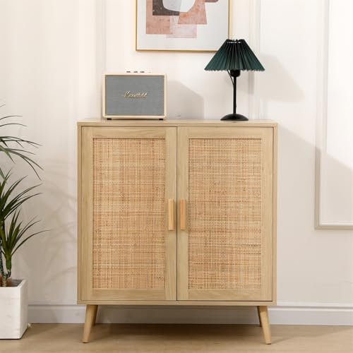 Homeke Ratten 2 Door Sideboard Cabinet,Wooden Storage Cupboard,Small Chet for Kitchen, Living Room,Hallway, Natural Color