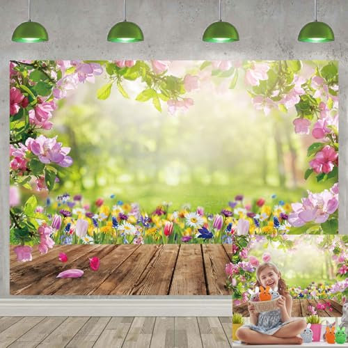 Frühlings Fotografie Hintergrund Frühling Ostern Holzboden Blumen Natürliche Landschaft Hintergrund Kinder Geburtstag Baby Party Hochzeit Party Dekoration Hintergrund (240 x 180cm)