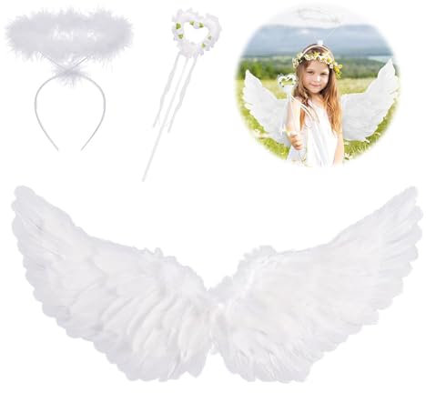 HIQE-FL Alas de Ángel Blancas,Alas de Ángel Disfraz 80x40,Plumas Ángel Alas,Alas Angel Grandes para Adultos,Disfraz de Alas de Angel con Aureola y Varita,para Carnaval,Mardi Gras,Fiesta Temática