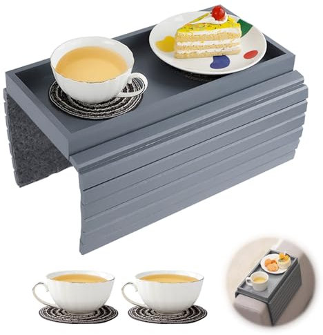Sofa Arm Tray with Cup Mats, Foldable Sofa Arm Table Couch Tray, Anti-Slip Sofa Tray Table Armchair Table Couch Armrest Tray Couch Cup Holder Tray Sofa Side Table for Snacks, Remote, Cups (Grey)