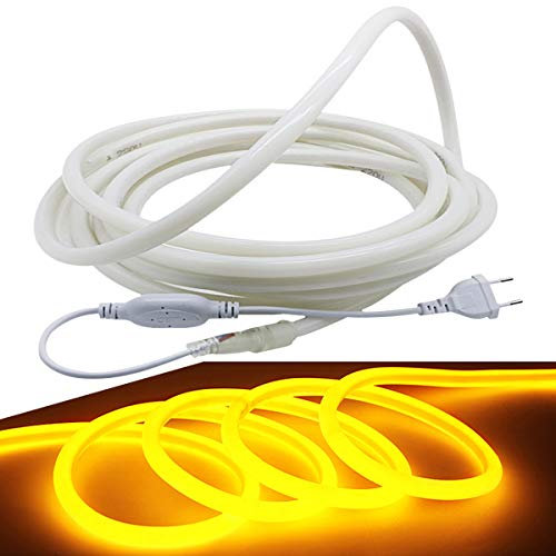 FOLGEMIR 10m Neon Seil Strip Rund, 360° Lumineszenz Gelb, LED flexibler Streifen ohne Lichtpunkte, 220V helle 2835 LED Band, IP65 wasserdicht für Garten Party Hochzeit Deko