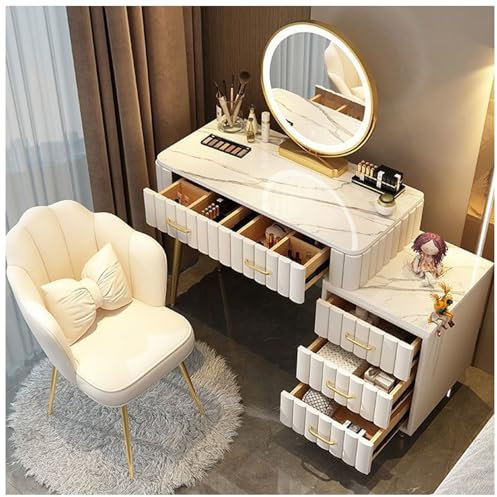 Romyqpipy Postazione Trucco con Led Specchio Regolabili Toilette Trucco con Sgabello, 5 Cassetti, 1 Armadietto Mobile Mobili per La Camera Da Letto per Camera Delle Ragazze Assemblaggio Facile