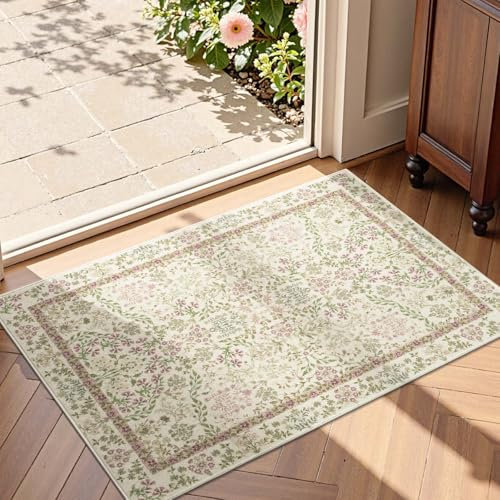 TOPICK Vintage Floral Door Mat 60x90cm Entryway Rug Machine Washable Non Slip Doormat Soft Small Rug Low-Pile Thin Carpet for Kitchen Bedroom Bathroom Green/Purple