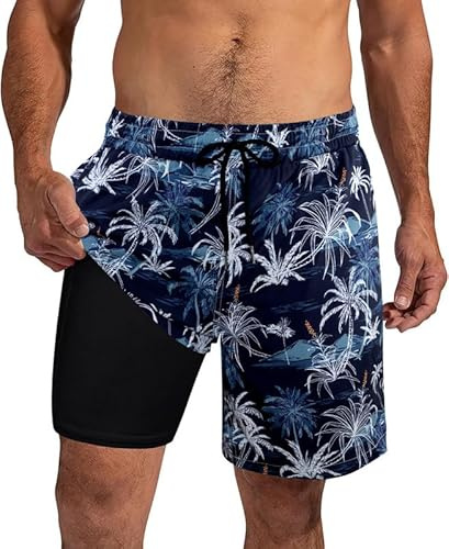 XiaoMoSha Pantaloncini da bagno da uomo con fodera a compressione, ad asciugatura rapida, 2 in 1, per surf in spiaggia, taglie S-2XL, Palma Nera, M